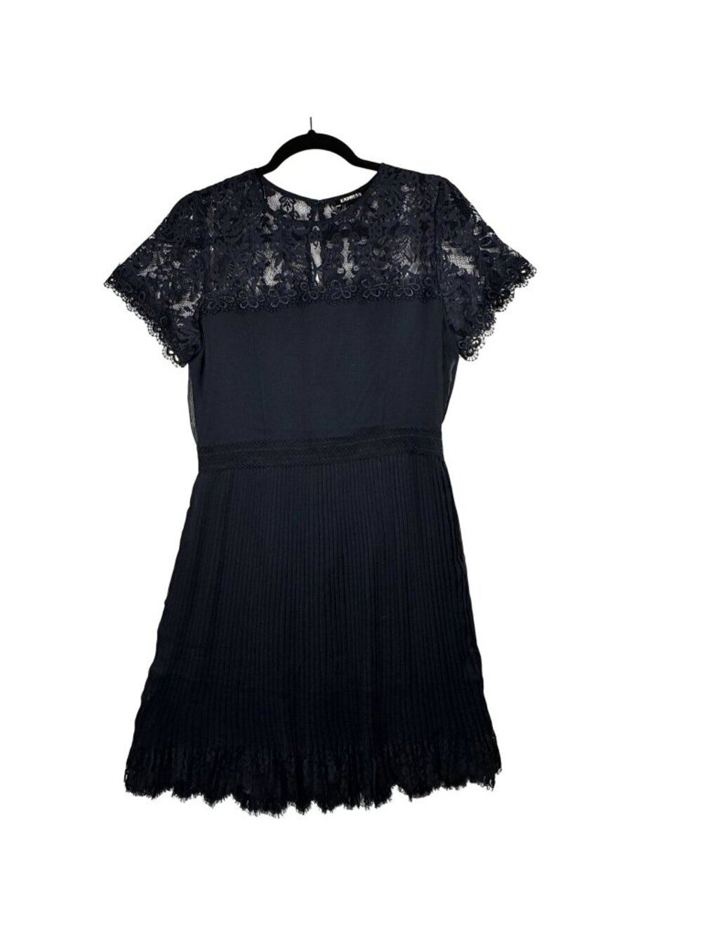 Express Womens Navy Blue Lace & Pleated Party Dress Short Sleeve Size M